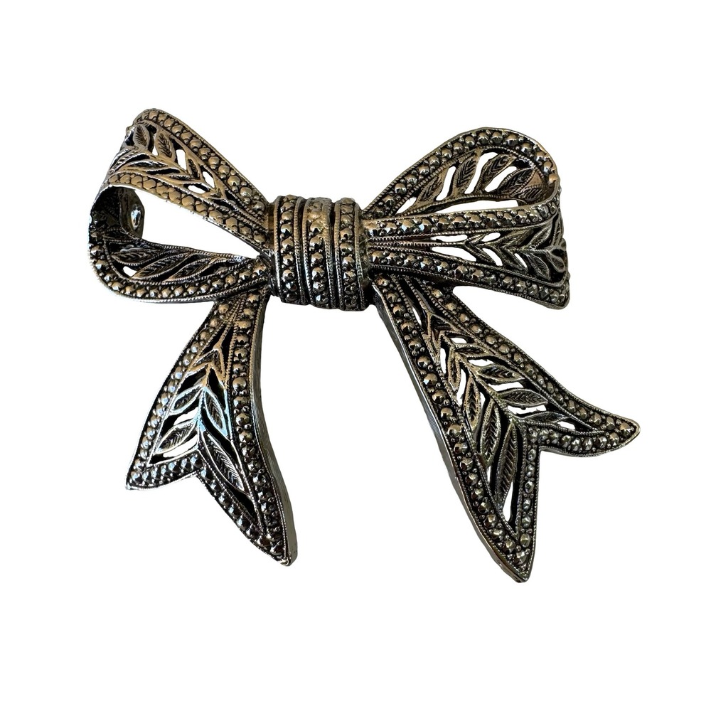 Vintage Silver Tone Coquette Regency Filigree Bow Brooch Pin Marcasite Style